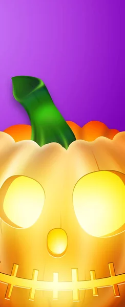 万圣节快乐横幅 现实的形象一个橙色南瓜在紫色背景下 垂直传单 网站标题 复制空间 3D插图 3D渲染 — 图库照片