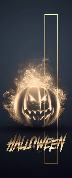 Креативное Хэллоуинское Знамя Надпись Хэллоуин Злая Тыква Тёмном Фоне Страшный — стоковое фото