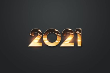 Yaratıcı bir Noel arkaplanı, arka planda 2021 altın numaralar yazıyor. Mutlu yıllar konsepti, boğa yılı, fotokopi alanı. 3B illüstrasyon, 3B canlandırma