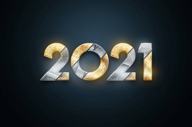 Noel arkaplanında 2021 yazılıydı. Metal ve altın numaralarla koyu bir arkaplanda. Yeni yıl ilanı, satışlar, fotokopi alanı. 3B illüstrasyon, 3B canlandırma