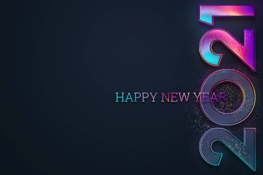 Yaratıcı lüks 2021 tasarım, karanlık arka planda 2021 yazılı yeni yıl broşürü. Yeni yıl afişi, web sitesi başlığı, modern tipografi kavramı. 3B illüstrasyon, 3B canlandırma