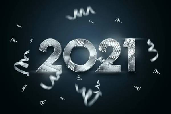 Kreatywne Tło Świąteczne Napis 2021 Numerami Metalu Ciemnym Tle Szczęśliwego — Zdjęcie stockowe