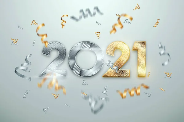 Creative Christmas background, inscription 2021 with numbers from metal on a light background. Happy new year concept, Year of the bull, copy space. 3D illustration, 3D render