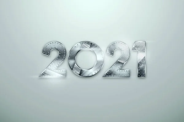创意豪华2021年设计 新年传单2021年字母与金属号码轻背景 新年横幅概念 网站标题 现代排字 3D图解 3D渲染 — 图库照片