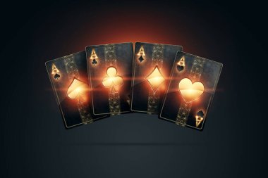 Poker için siyah altın, arka planda dört as. Tasarım şablonu. Kumarhane konsepti, kumar, sitenin genel müdürü. Uzayı kopyala, 3 boyutlu illüstrasyon, 3 boyutlu görüntüleme