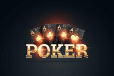 Yaratıcı poker şablonu, altın kartlar ve koyu arkaplanda altın harflerle yazılı poker. Kumarhane konsepti, kumar, sitenin genel müdürü. Uzayı kopyala, 3 boyutlu illüstrasyon, 3 boyutlu görüntüleme