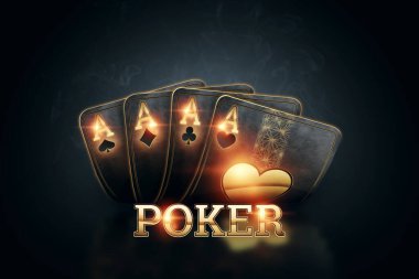 Yaratıcı poker şablonu, altın kartlar ve koyu arkaplanda altın harflerle yazılı poker. Kumarhane konsepti, kumar, sitenin genel müdürü. Uzayı kopyala, 3 boyutlu illüstrasyon, 3 boyutlu görüntüleme