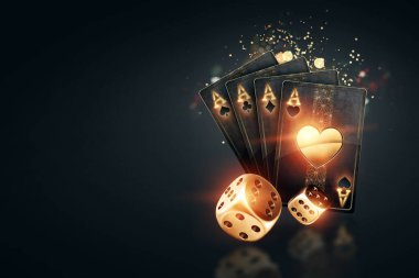 Yaratıcı poker şablonu, arka plan tasarımı altın oyun kartları ve karanlık bir arka planda poker çipleri. Kumarhane konsepti, kumar, sitenin genel müdürü. Uzayı kopyala, 3 boyutlu illüstrasyon, 3 boyutlu görüntüleme