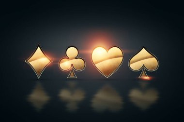 Poker için iskambil kağıtlarının siyah-altın işareti, arka planda dört as. Tasarım şablonu. Kumarhane konsepti, kumar, sitenin genel müdürü. Uzayı kopyala, 3 boyutlu illüstrasyon, 3 boyutlu görüntüleme
