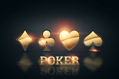 Yaratıcı poker şablonu, altın kartlar ve koyu arkaplanda altın harflerle yazılı poker. Kumarhane konsepti, kumar, sitenin genel müdürü. Uzayı kopyala, 3 boyutlu illüstrasyon, 3 boyutlu görüntüleme