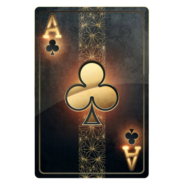 Black gold playing card for poker Ace Clubs isolated on white background. Design template. Casino concept, gambling, header for the site. Copy space, 3D illustration, 3D render