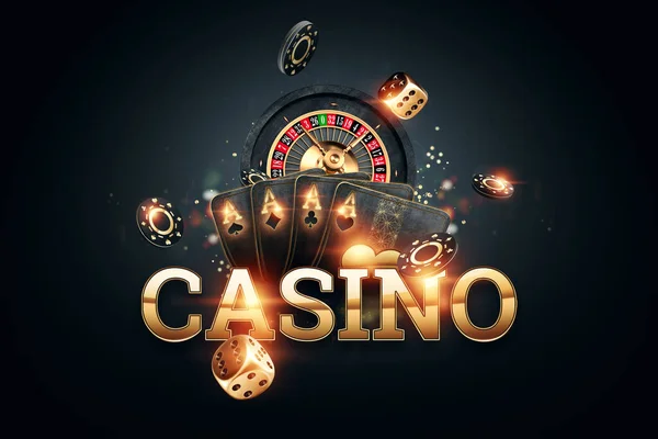 Creatieve Casino Achtergrond Inscriptie Casino Gouden Letters Speelkaarten Roulette Een — Stockfoto