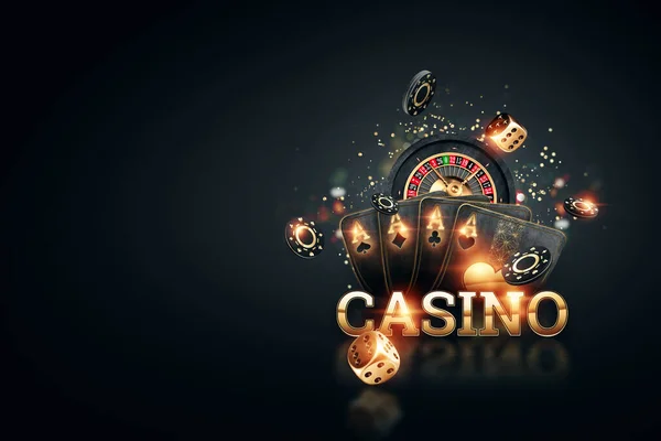 Creatieve Casino Achtergrond Inscriptie Casino Gouden Letters Speelkaarten Roulette Een — Stockfoto