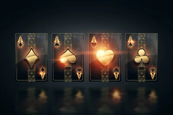 Czarne Złoto Pokera Cztery Asy Ciemnym Tle Szablon Projektu Koncepcja — Zdjęcie stockowe