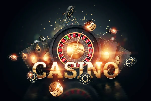 Creatieve Casino Achtergrond Inscriptie Casino Gouden Letters Speelkaarten Roulette Een — Stockfoto