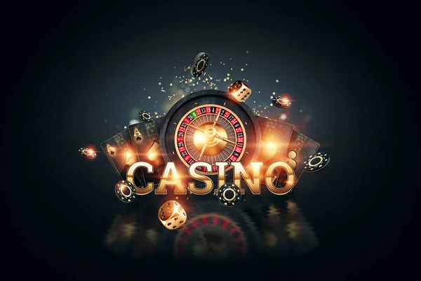 Creative casino background, inscription casino in gold letters playing cards roulette on a dark background. Flyer. Gambling concept, header for the site. Copy space. 3D illustration, 3D render