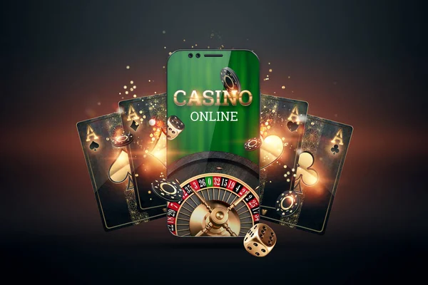 智能手机 有扑克牌 晶片和轮盘赌 黑金背景 在线赌博的概念 在线赌场 复制空间 3D图解 3D渲染 — 图库照片