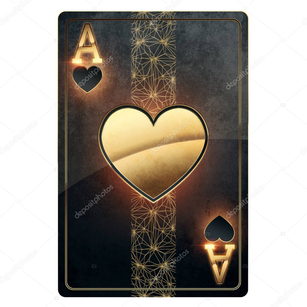 Black gold playing card for poker Ace of Spades isolated on white background. Design template. Casino concept, gambling, header for the site. Copy space, 3D illustration, 3D render