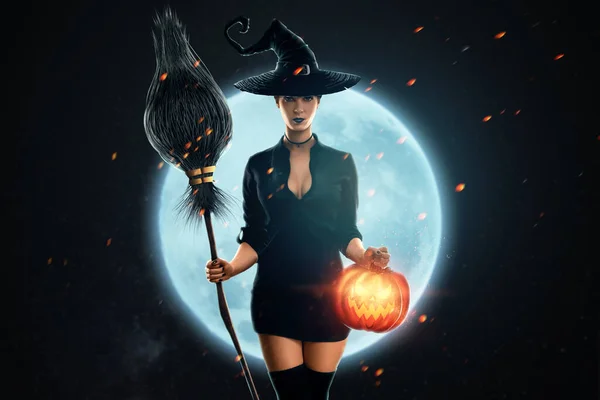 Chica Bruja Halloween Con Una Escoba Sus Manos Fondo Luna — Foto de Stock