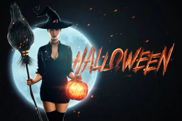 Halloween Boszorkány Lány Egy Seprűvel Kezében Hold Hátterében Gyönyörű Fiatal — Stock Fotó