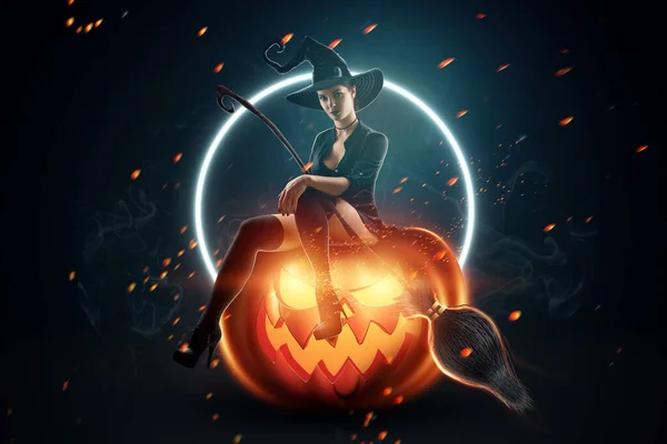 Fondo Creativo Chica Bruja Con Escoba Sienta Calabaza Halloween Hermosa — Foto de Stock
