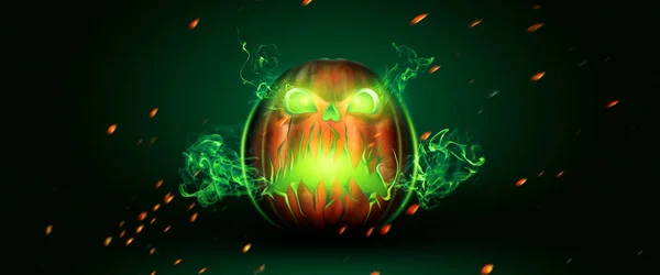 Creative Halloween Flyer Evil Pumpkin Dark Background Halloween Concept Poster — Stock Photo, Image