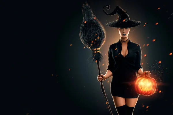 Chica Bruja Halloween Con Una Escoba Sus Manos Fondo Luna — Foto de Stock