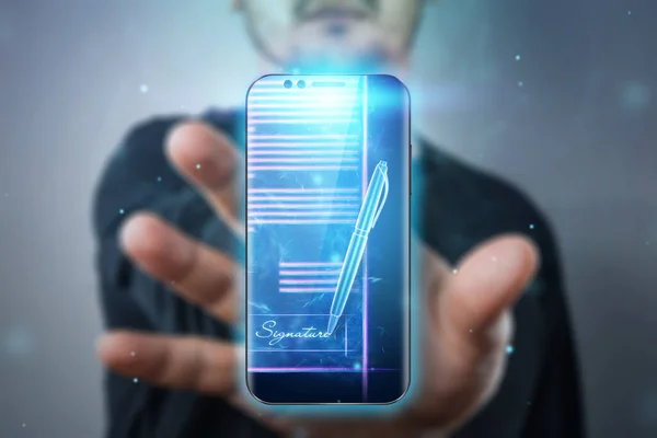 Male Hand Modern Smartphone Hologram Contract Concept Electronic Signature Business — Stock Photo, Image