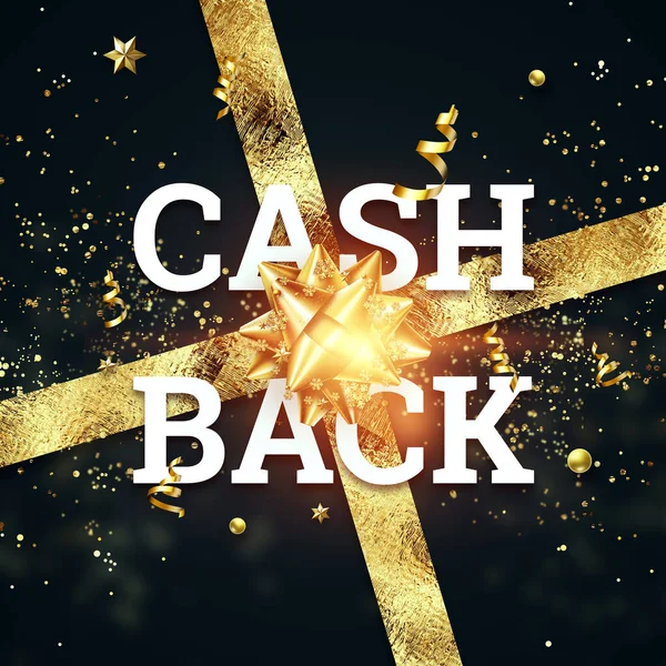 Inscription Cashback Gold Letters Dark Background Gold Bow Gift Online — Stock Photo, Image