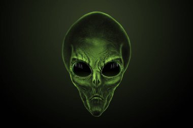 Siyah büyük cam gözlü yeşil kafalı bir uzaylı. UFO konsepti, uzaylılar, dünya dışı uygarlıklarla temas. 3B illüstrasyon, 3B canlandırma