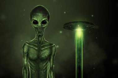 Uçan dairenin arka planında siyah camdan gözleri olan yeşil bir uzaylı. UFO konsepti, uzaylılar, dünya dışı uygarlıklarla temas. 3B illüstrasyon, 3B canlandırma