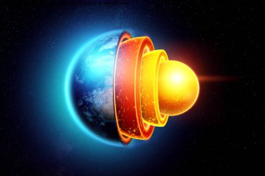 Yeryüzünün iç yapısı, çekirdeğin yapısı, uzayın karanlık arka planındaki jeolojik katmanlar. Dünya jeolojisi, magma, litosferik kaymalar. 3B illüstrasyon, 3B canlandırma