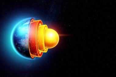 Yeryüzünün iç yapısı, çekirdeğin yapısı, uzayın karanlık arka planındaki jeolojik katmanlar. Dünya jeolojisi, magma, litosferik kaymalar. 3B illüstrasyon, 3B canlandırma
