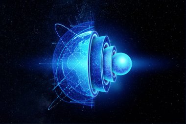 Mavi hologram, Dünya 'nın iç yapısı, çekirdeğin yapısı, karanlık arka plandaki jeolojik katmanlar. Dünya jeolojisi kavramı, magma. 3B illüstrasyon, 3B canlandırma
