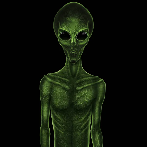 Green Alien Black Large Glass Eyes Black Background Ufo Concept — Stock Photo, Image