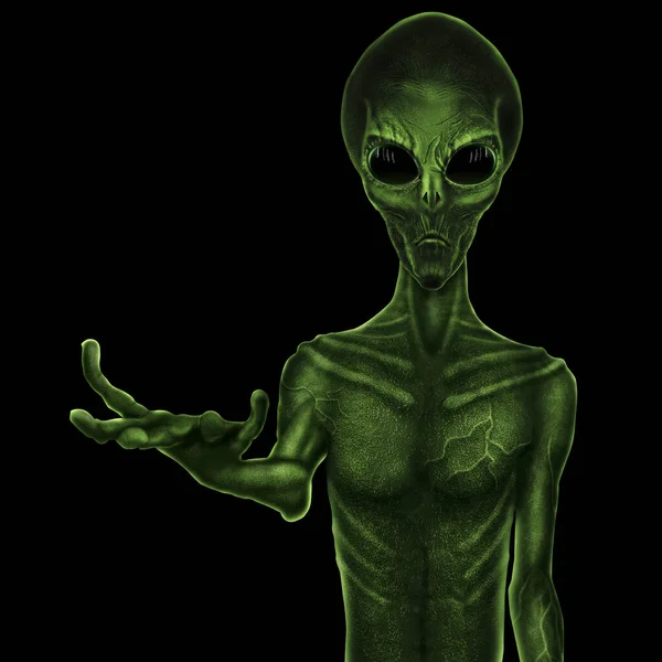 Green Alien Black Large Glass Eyes Black Background Ufo Concept — Stock Photo, Image