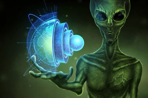 Green Alien Humonoid Holds Hologram Globe His Hand Ufo Concept — Stock Photo, Image