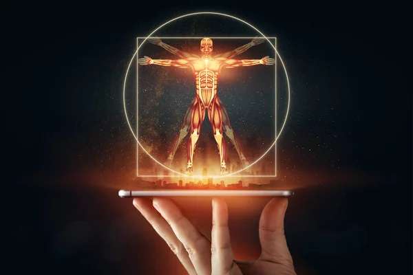 Hologram Vitruvian Człowieka Struktura Mięśni Ludzkich Biologia Układu Mięśniowego Koncepcja — Zdjęcie stockowe