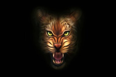 Yırtıcı bir bakış ve bir kaplanın sırıtışı, sarı gözler, koyu bir arka plan. Yırtıcı hayvanlar, vahşi yaşam, yiyecek piramidi kavramı. 3B illüstrasyon, 3B canlandırma