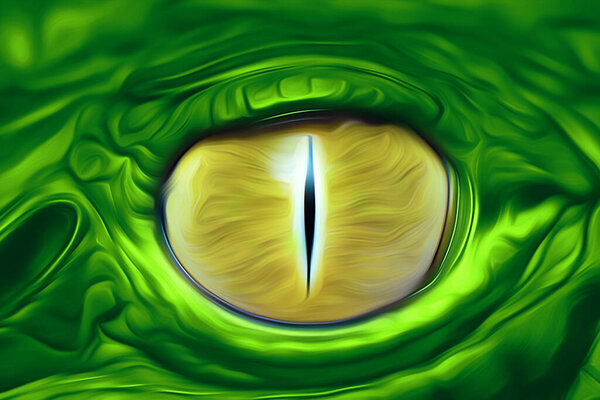 Carnivorous dinosaur look, reptile eye close-up. The concept of predatory animals, wildlife, food pyramid. 3D illustration, 3D render