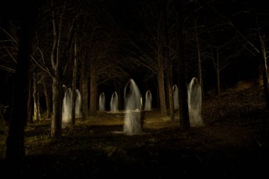 Bir grup hayalet toplam karanlık ormanın orta ve lightpainting tekniği ile yapılmış resmi
