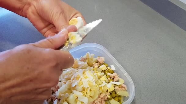 Mujer Cortando Huevo Duro Con Cuchillo Una Ensalada Dentro Tupper — Vídeos de Stock