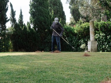 Bir tırmıkla toplanan ve bir bahçıvan tarafından taşınan büyük bir çim alanı.