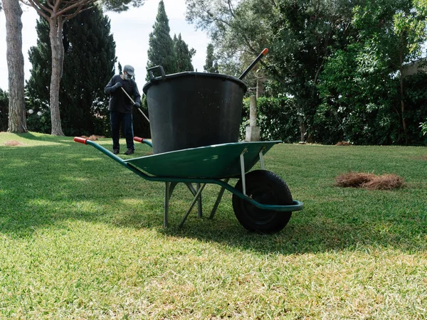 庭から切られた草のバケツを運ぶ鉄の車輪 — ストック写真