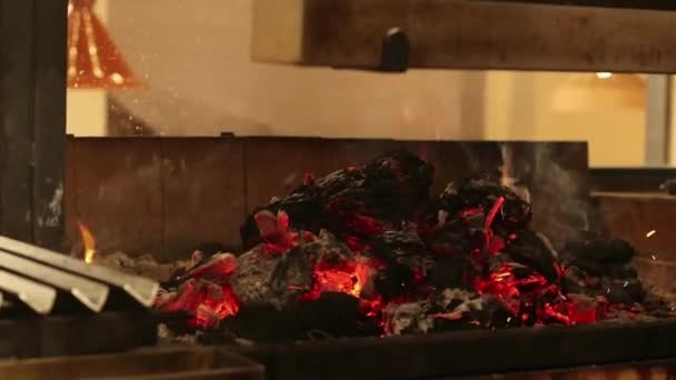 餐馆的厨房 烤肉与橡木一起食用 — 图库视频影像