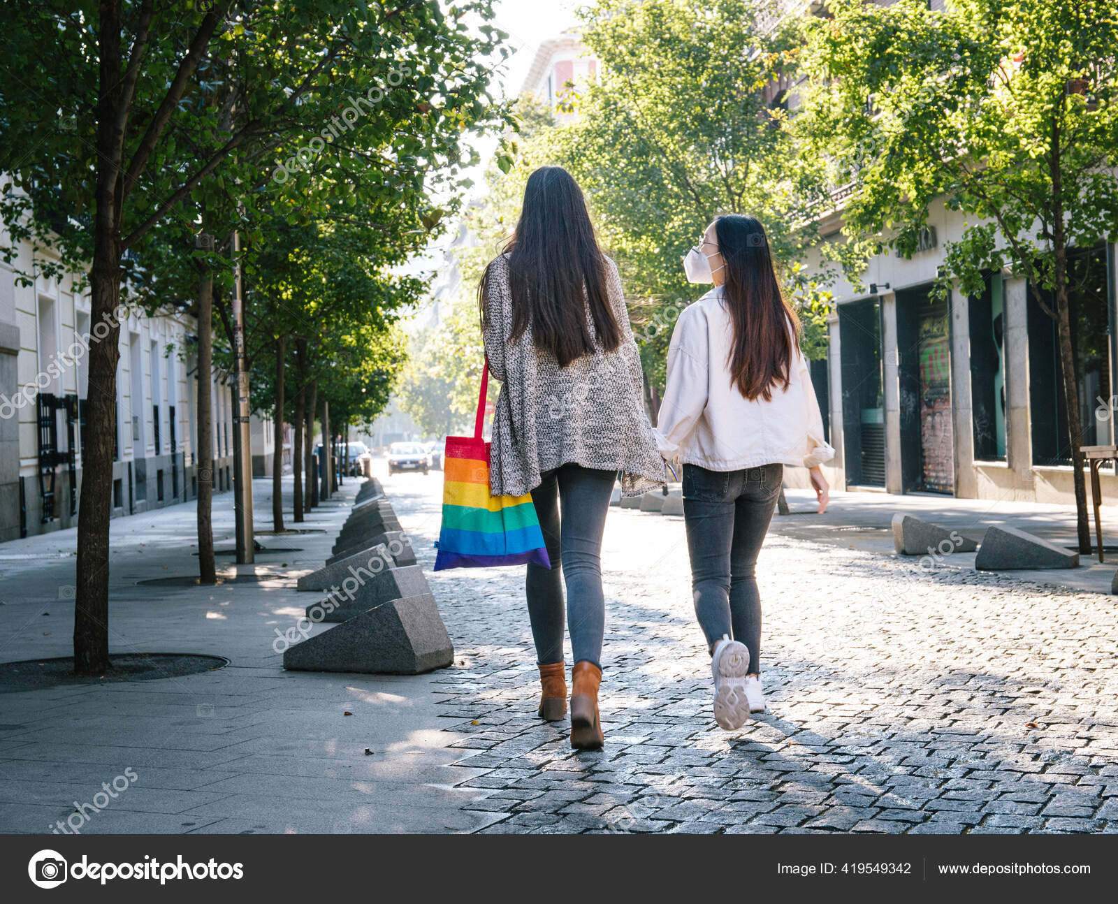 Back View Lesbian Females Rainbow Shopping Bag Holding Hands Walking Stock Photo Image By C Luisbaneres 419549342