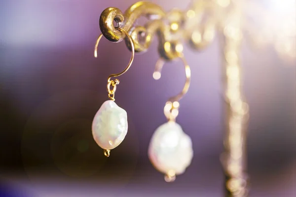 Golden Earrings White Big Fresh Water Pearls Black Background Close — Stock Photo, Image