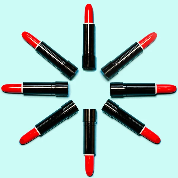 Set Red Lipstick Isolated Equalled Circle Blue Color Background Colorful — Stock Photo, Image