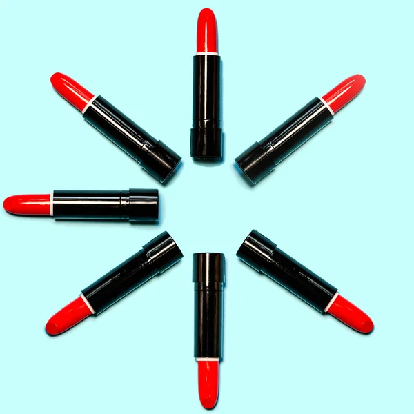 Set Red Lipstick Isolated Equalled Circle Blue Color Background Colorful — Stock Photo, Image