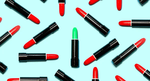 Set Red Lipsticks Green Center Isolated Blue Color Background Colorful — Stock Photo, Image